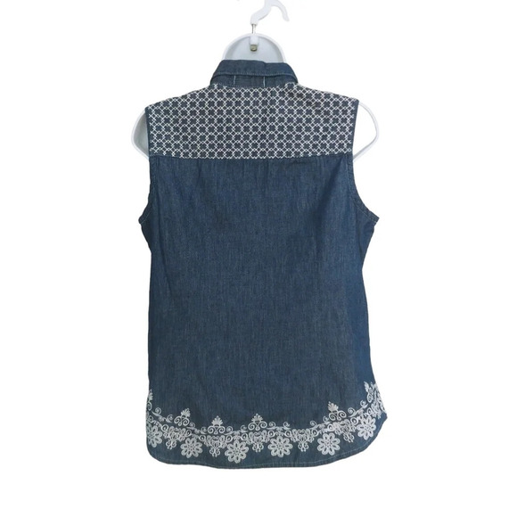 Marie Claire Denim Dark Wash Jean Blouse  Embroidery Fabric Treatment Designs M - Picture 5 of 8
